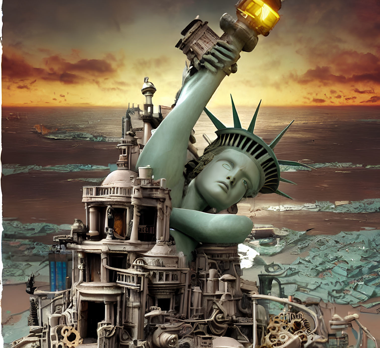 Surreal artwork: Statue of Liberty's head and arm in ruins and machinery at sunset.