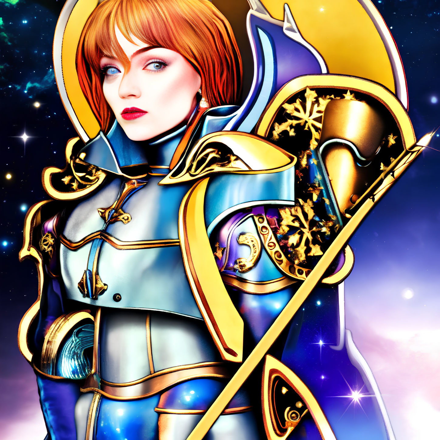 Illustration of woman in red hair, blue-gold armor with spear, cosmic star-filled background