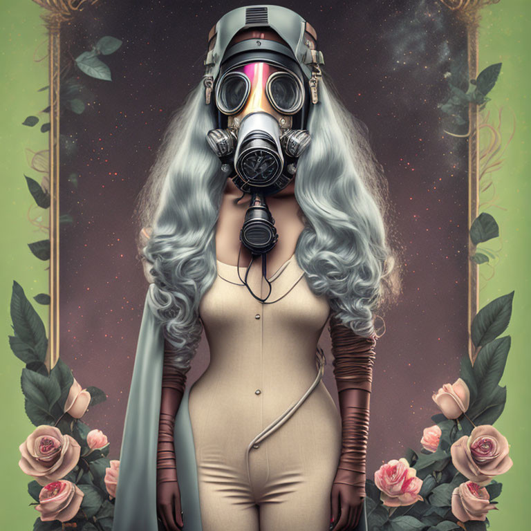 Person with Long Grey Hair in Gas Mask Surrounded by Roses on Celestial Background