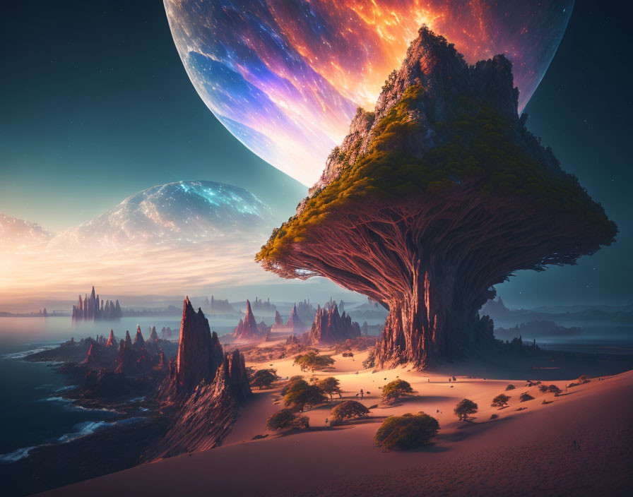 Colossal tree, towering rocks, dunes, planets in surreal landscape