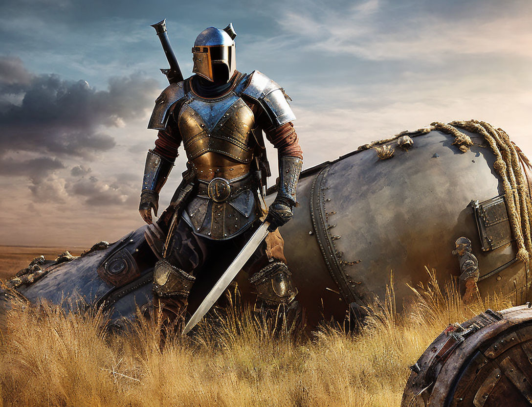 Knight in full armor next to fallen drum on grassy field under dramatic sky