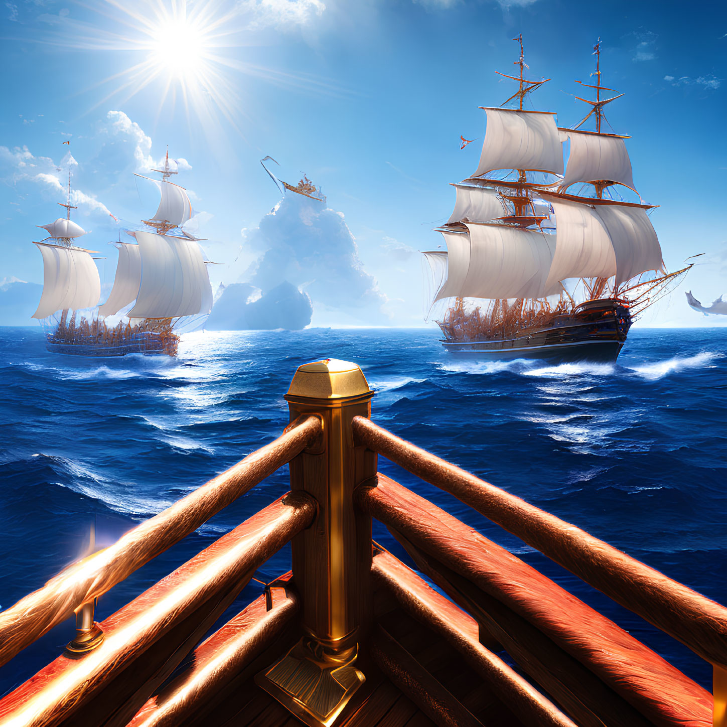 Sunny ocean view: tall ships with billowing sails and rock formations