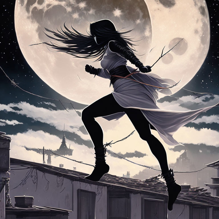 Silhouette of woman leaping across rooftops under full moon