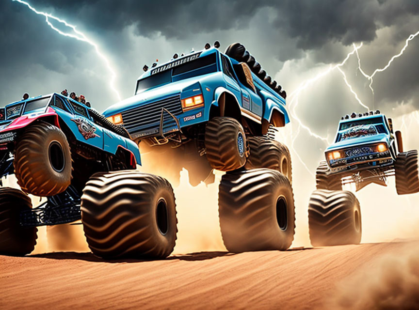 Monster trucks racing on sandy track with lightning in background