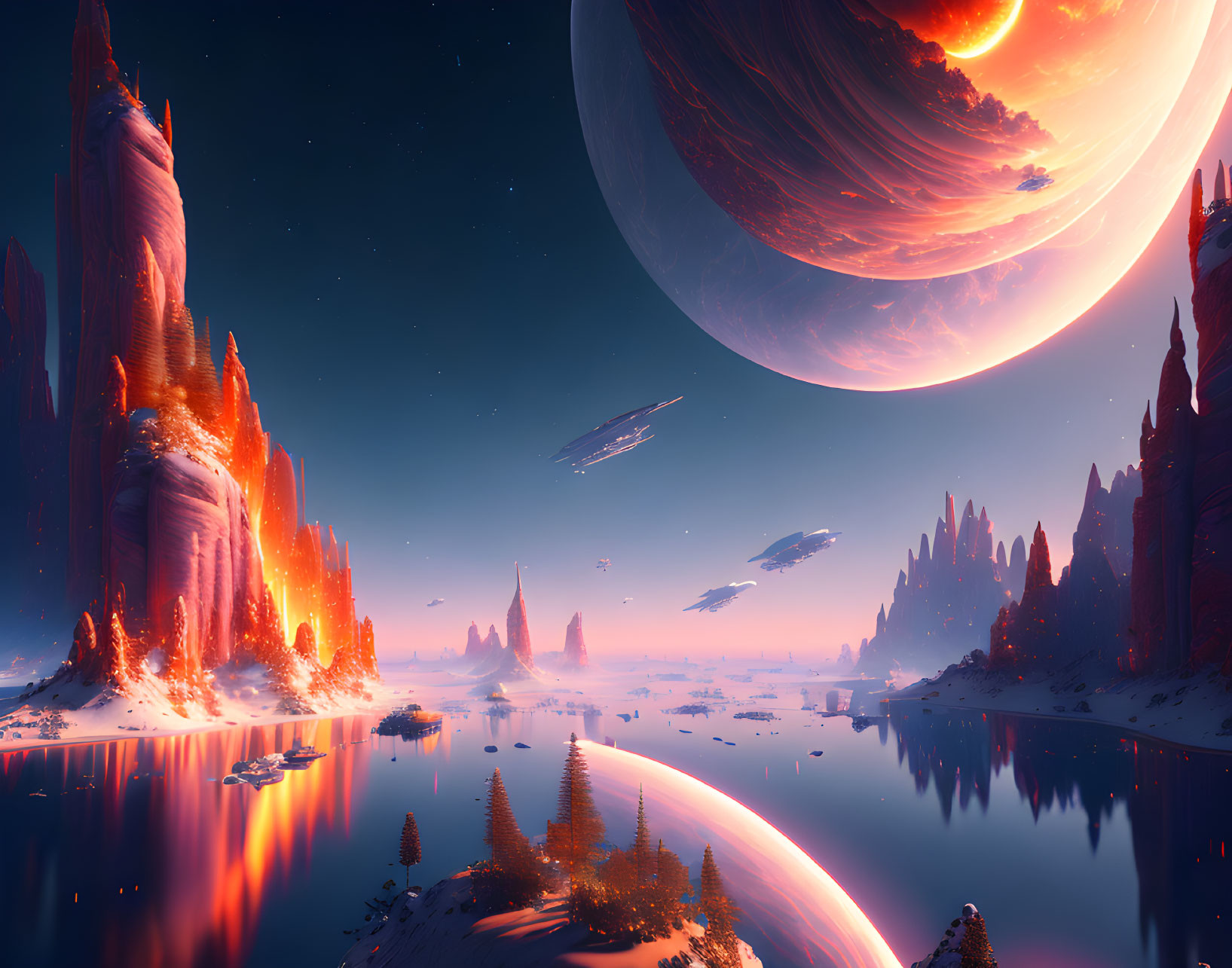 Alien landscape with crimson cliffs, reflective water, spaceships, and massive planet.