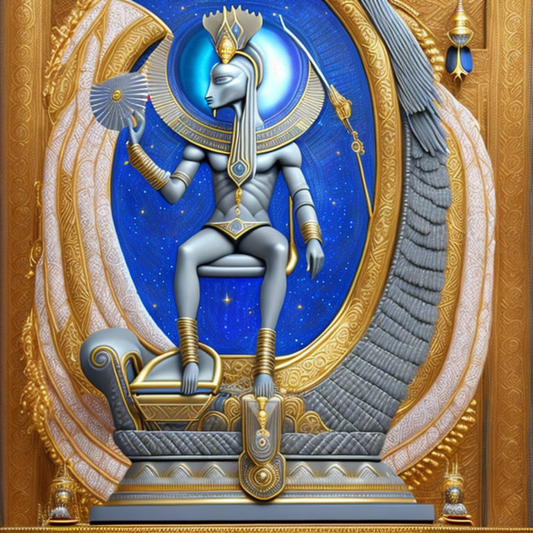 Blue-skinned deity with multiple arms on golden throne