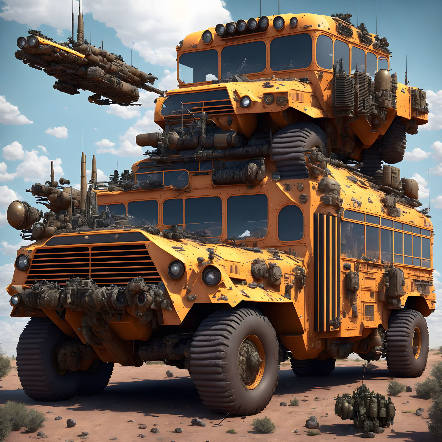 Armored futuristic bus with multiple levels and heavy-duty tires in desert landscape