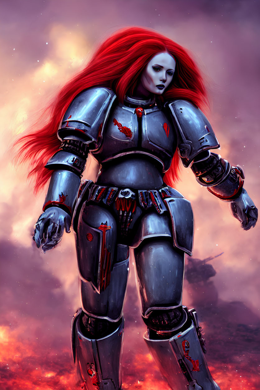 Digital artwork: Red-haired woman in silver armor against cosmic backdrop