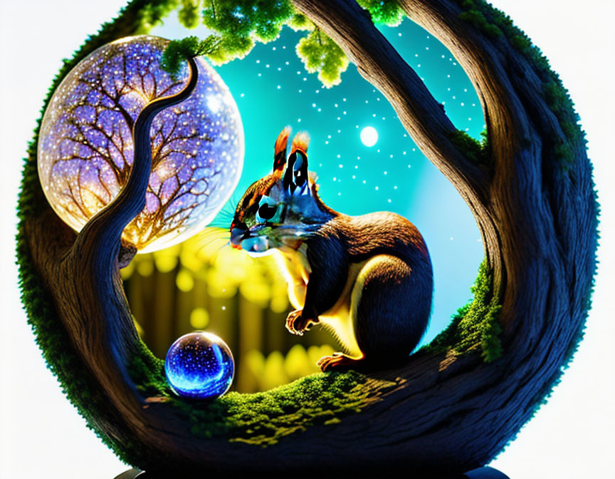 Whimsical digital artwork: Chipmunk on wood frame with glowing tree, orb, and star