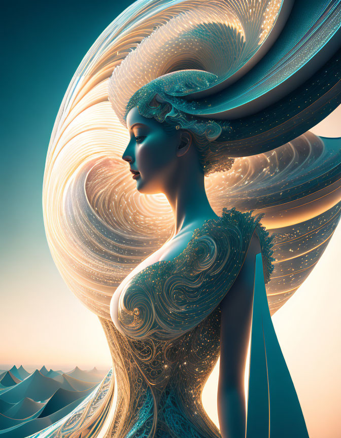 Ethereal female figure in ornate attire against swirling landscape