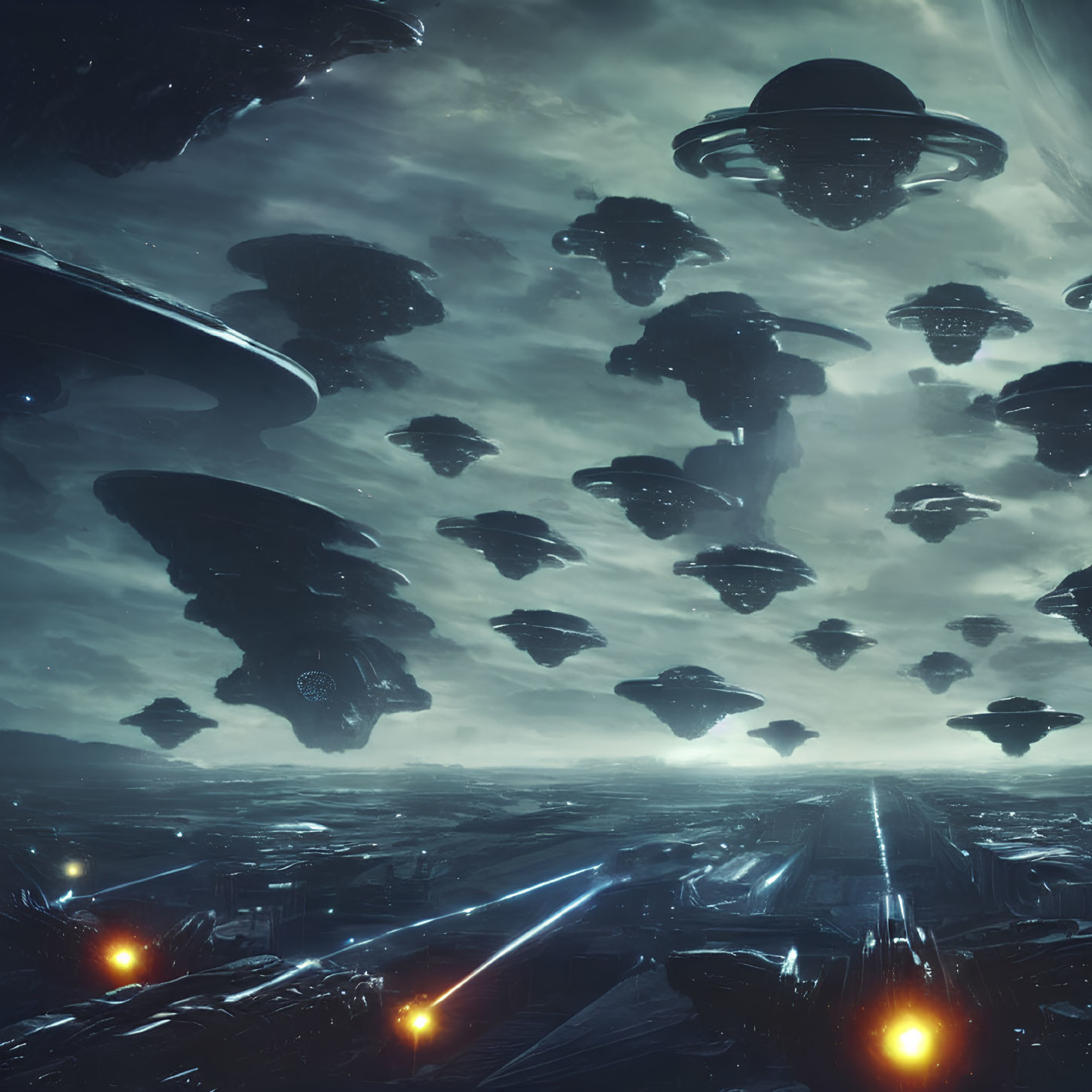 Futuristic cityscape with flying saucers and towering architectures under a starlit sky