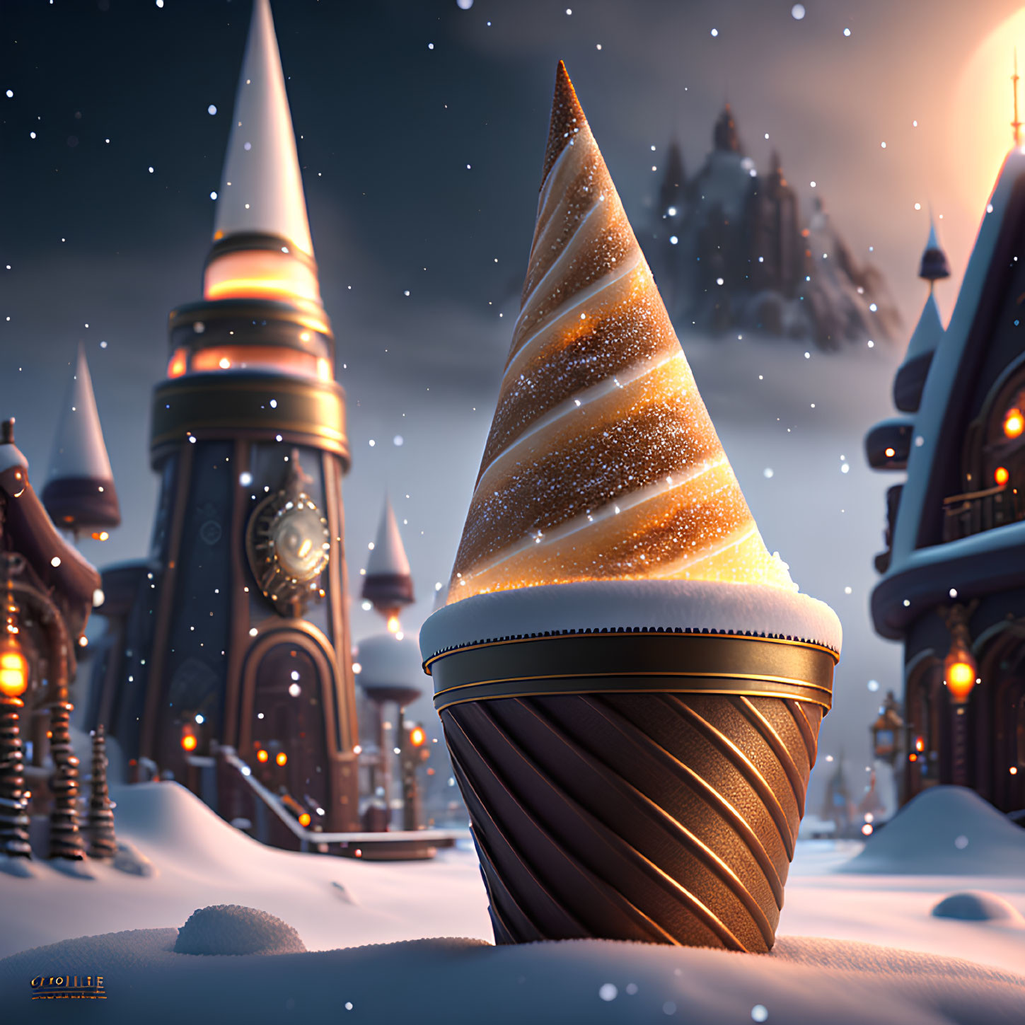 Whimsical winter scene with ice cream cone structure and fantasy buildings.