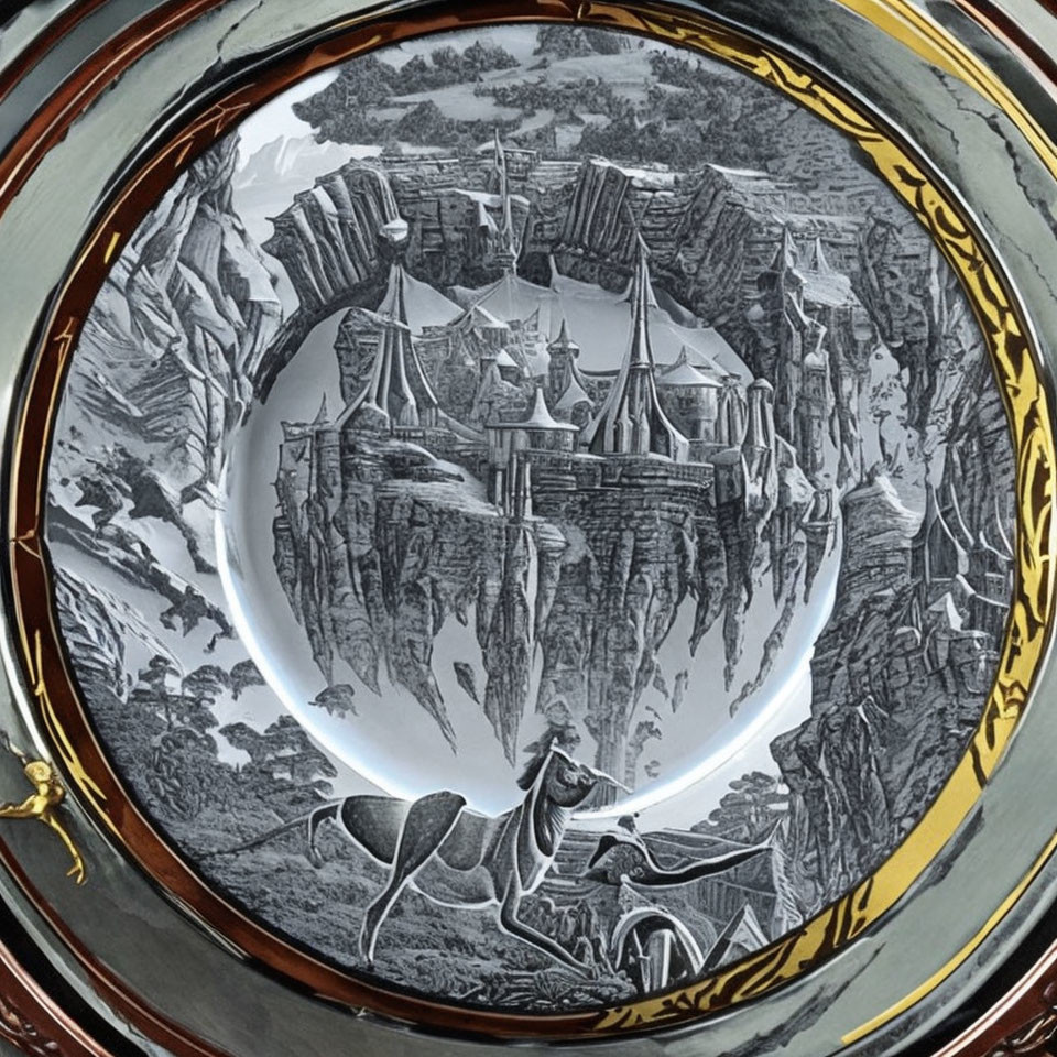 Medieval fantasy cityscape on decorative plate with centaur