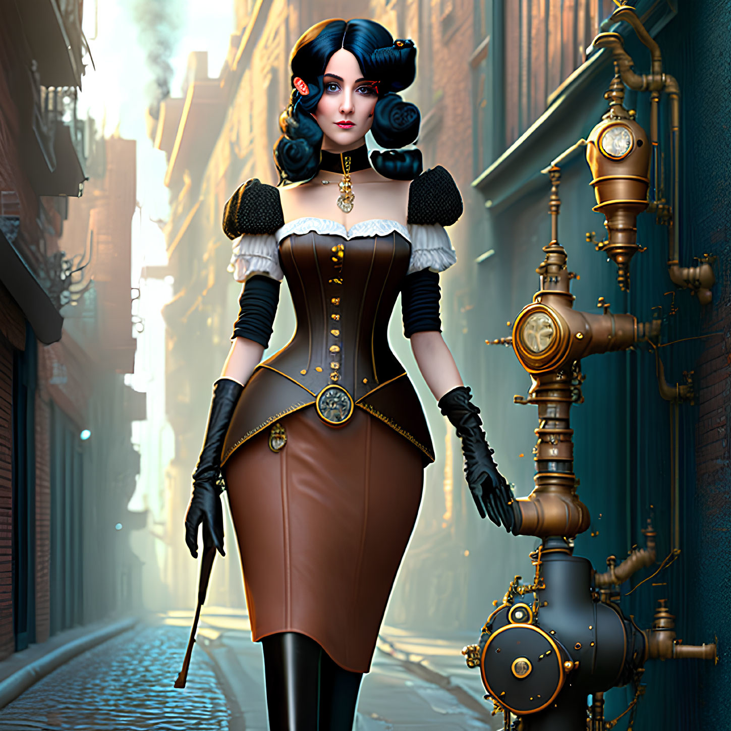 Steampunk woman in corset, gloves, and cane in alley with brass pipes