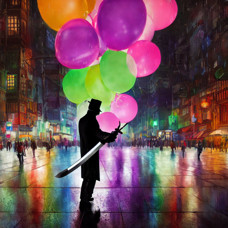 Silhouette of person with sword and balloons in neon cityscape