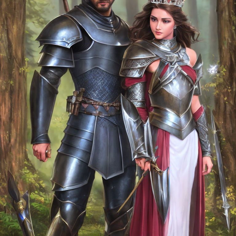 Knight and crowned woman in medieval attire in forest setting