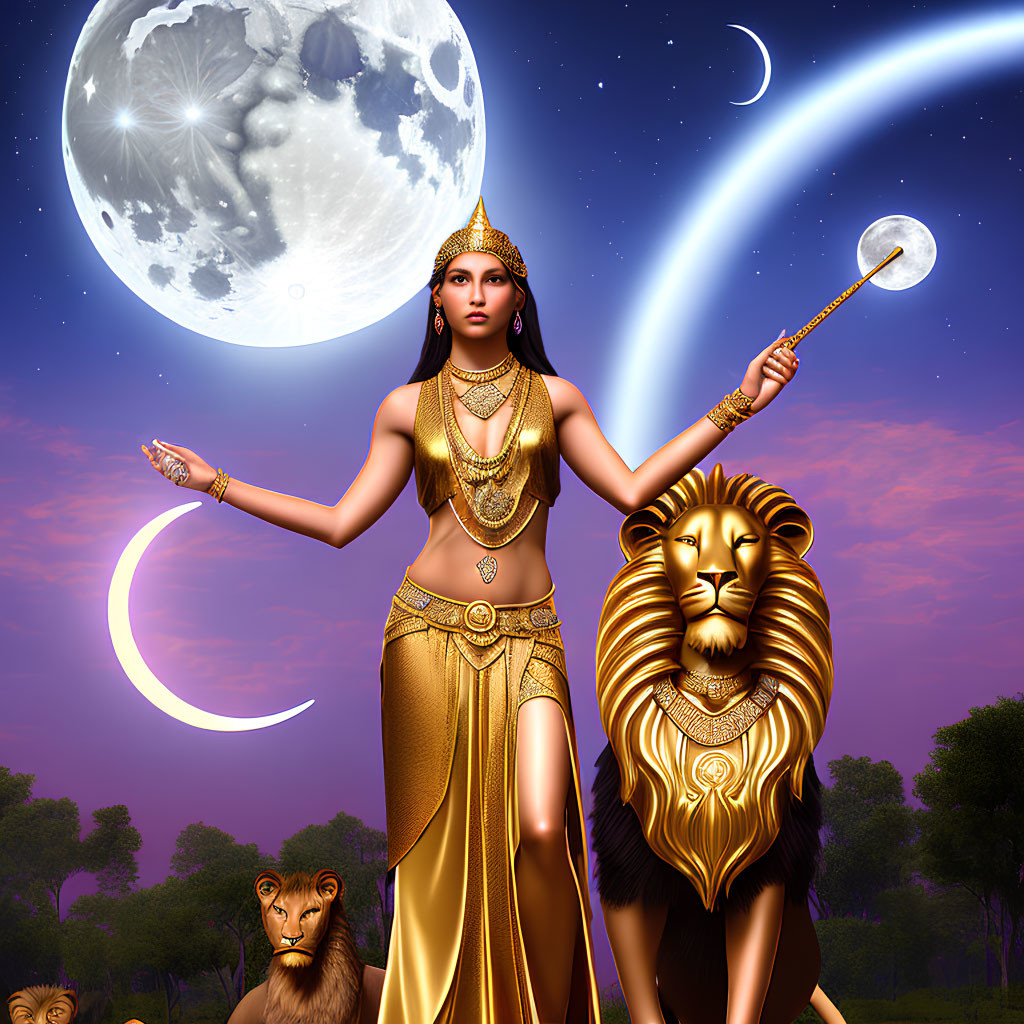 Woman with Lion in Golden Attire and Celestial Background