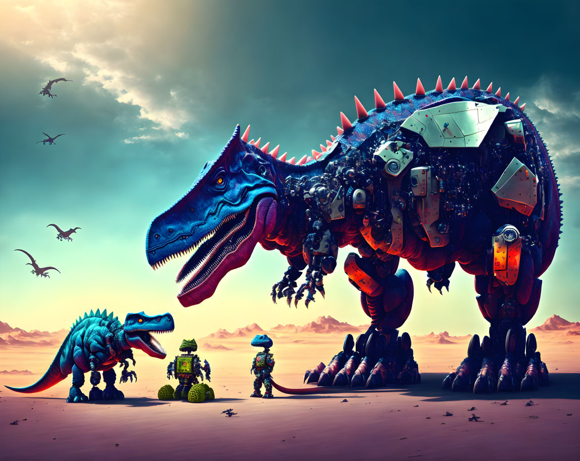 Futuristic scene: large and small mechanical dinosaurs, robot soldiers, flying creatures.