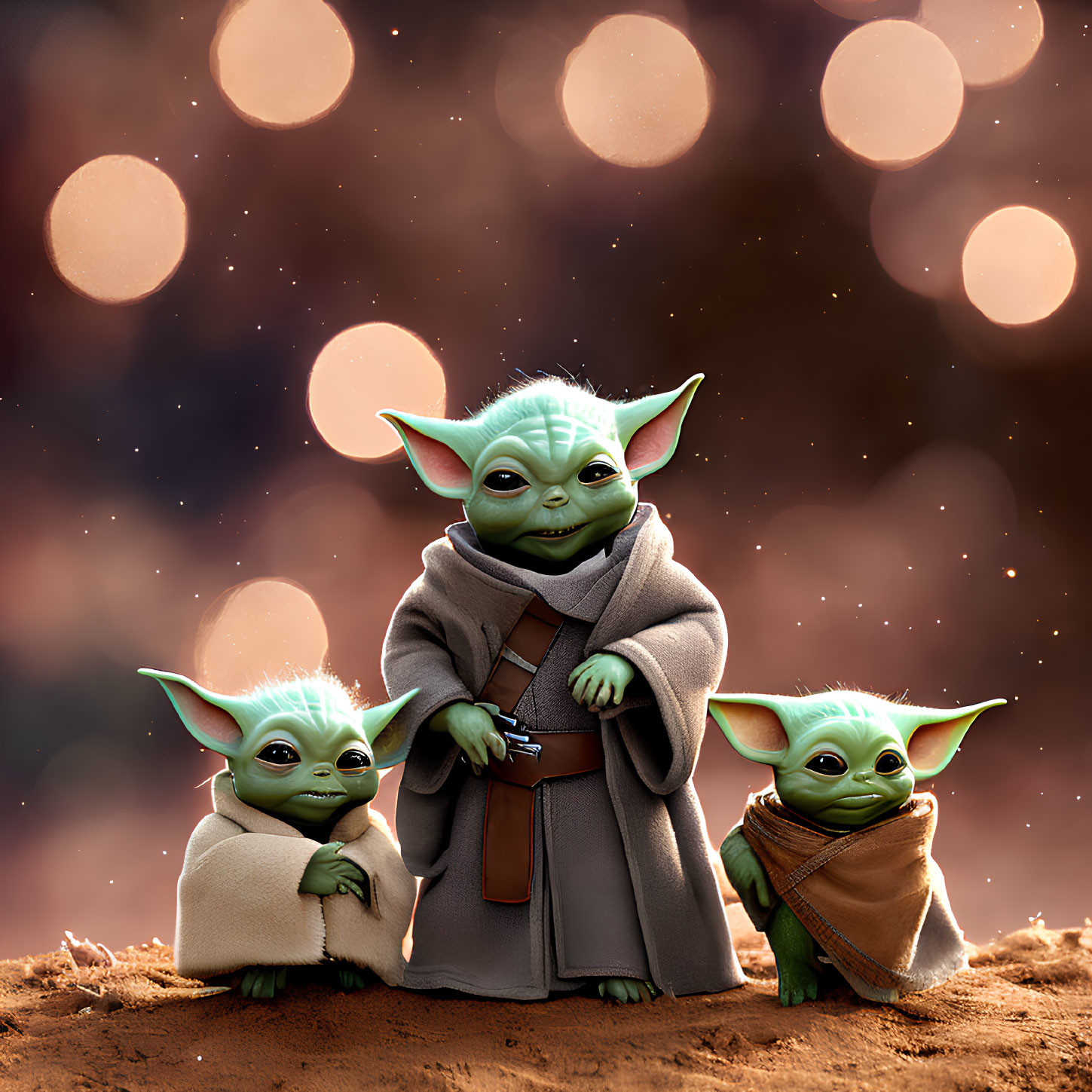 Three Yoda-like figures with large ears and wise expressions among glowing orbs.