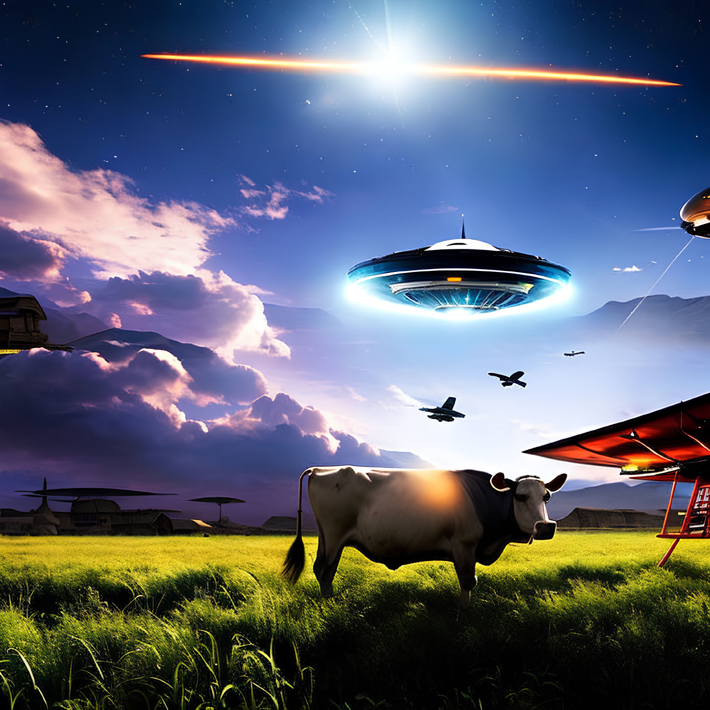 Surreal UFO hovering over cow in grassy field with shooting star, birds, sun, and