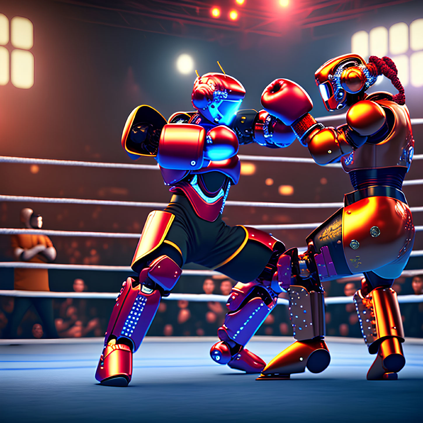 Robots boxing in arena with spectators and dramatic lighting