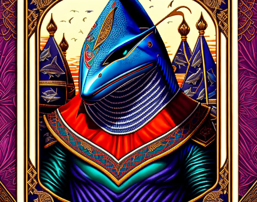 Stylized knight in blue armor with shark-like helmet on ornate golden backdrop