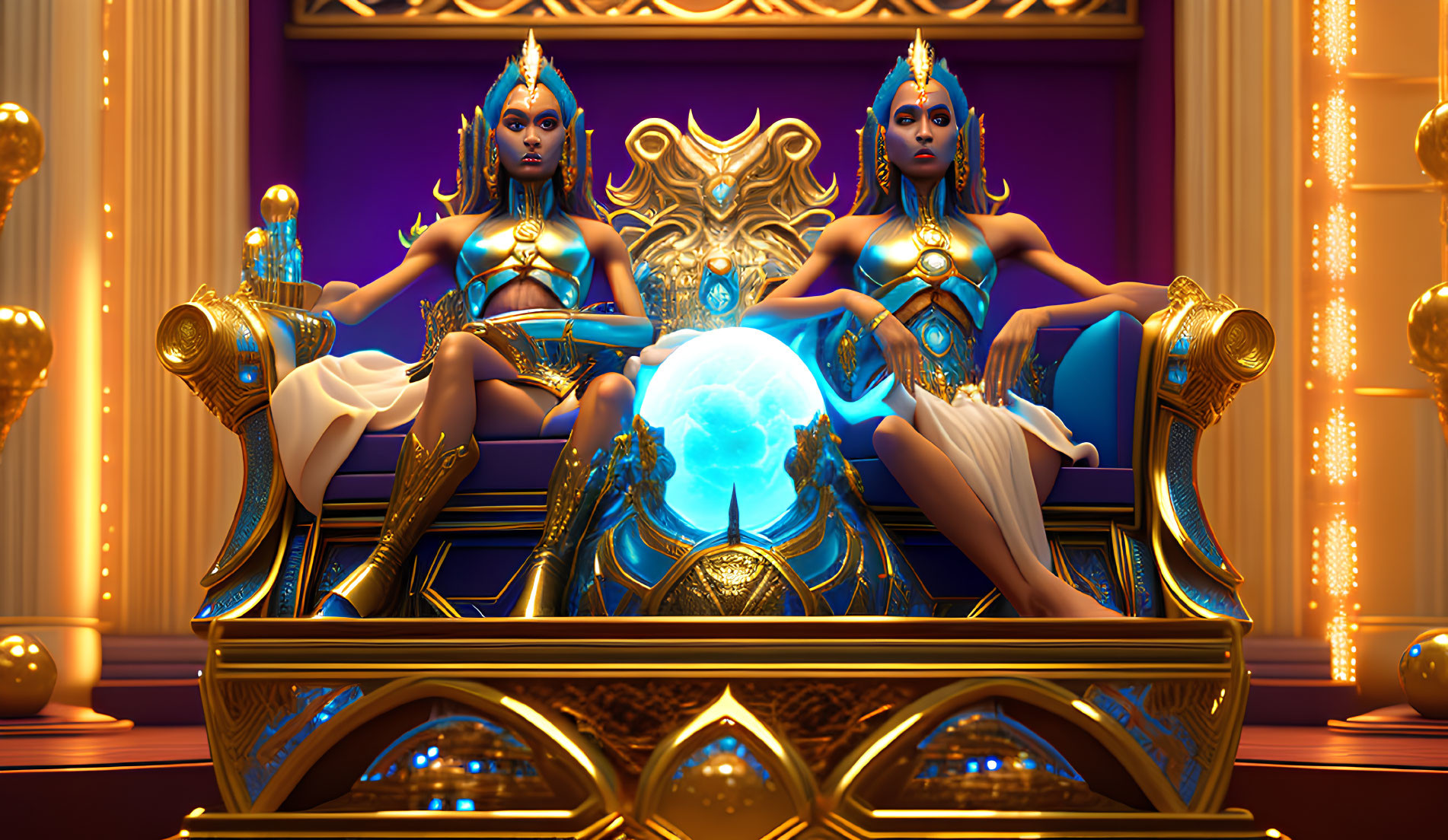 Blue-skinned figures with golden adornments holding a glowing orb on a throne in a majestic room.