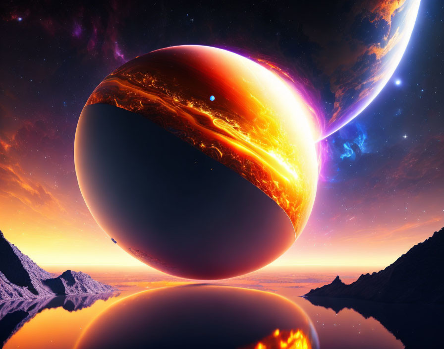 Cosmic digital art: fiery planet over tranquil lake