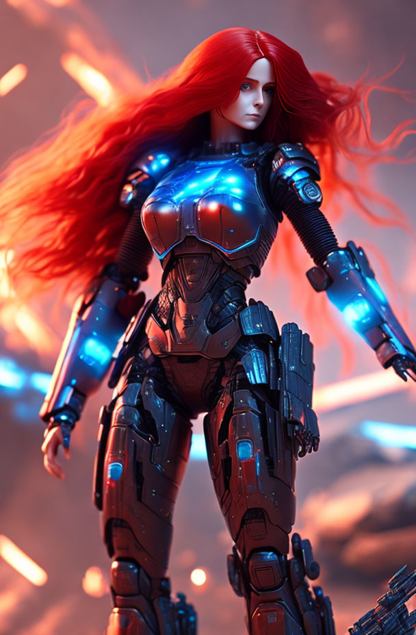 Red-haired figure in futuristic armor with blue glowing elements on reddish backdrop