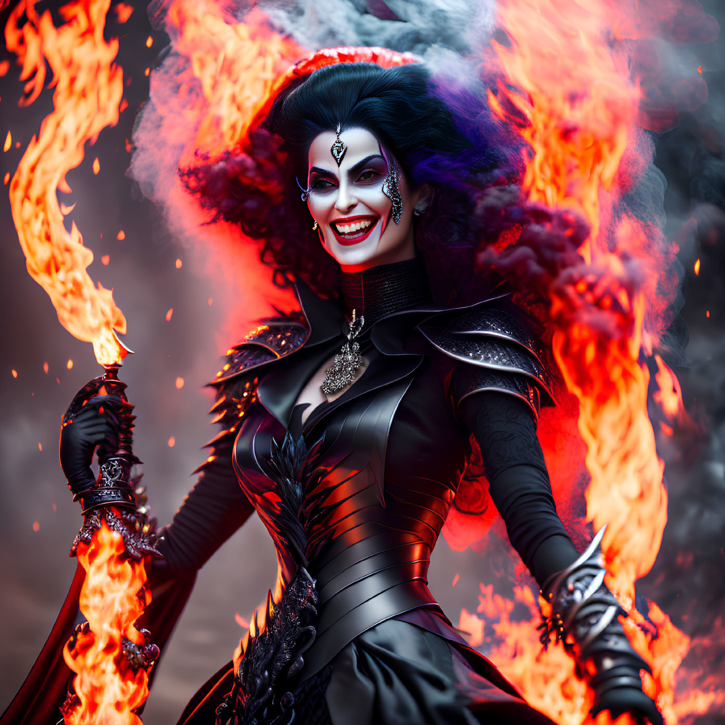 Illustrated female character in dark costume with feathers, surrounded by flames