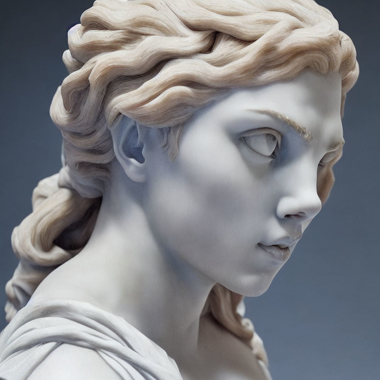 Detailed sculpture of woman's face with wavy hair and serene expression