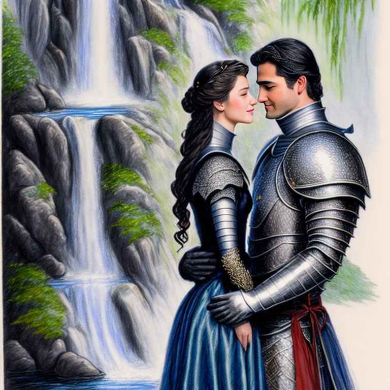 Medieval-themed animated couple embrace near lush waterfall