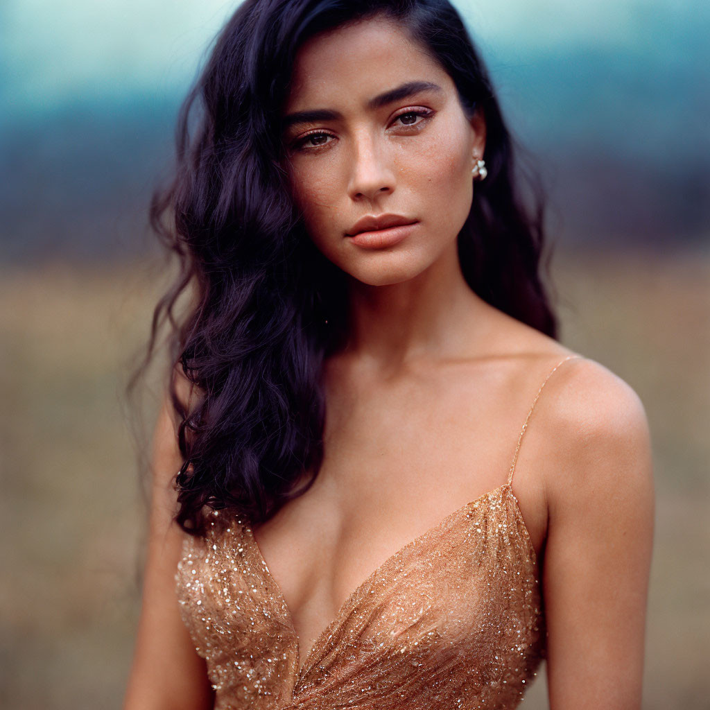 Portrait of Woman with Dark Hair and Golden Dress in Serene Pose