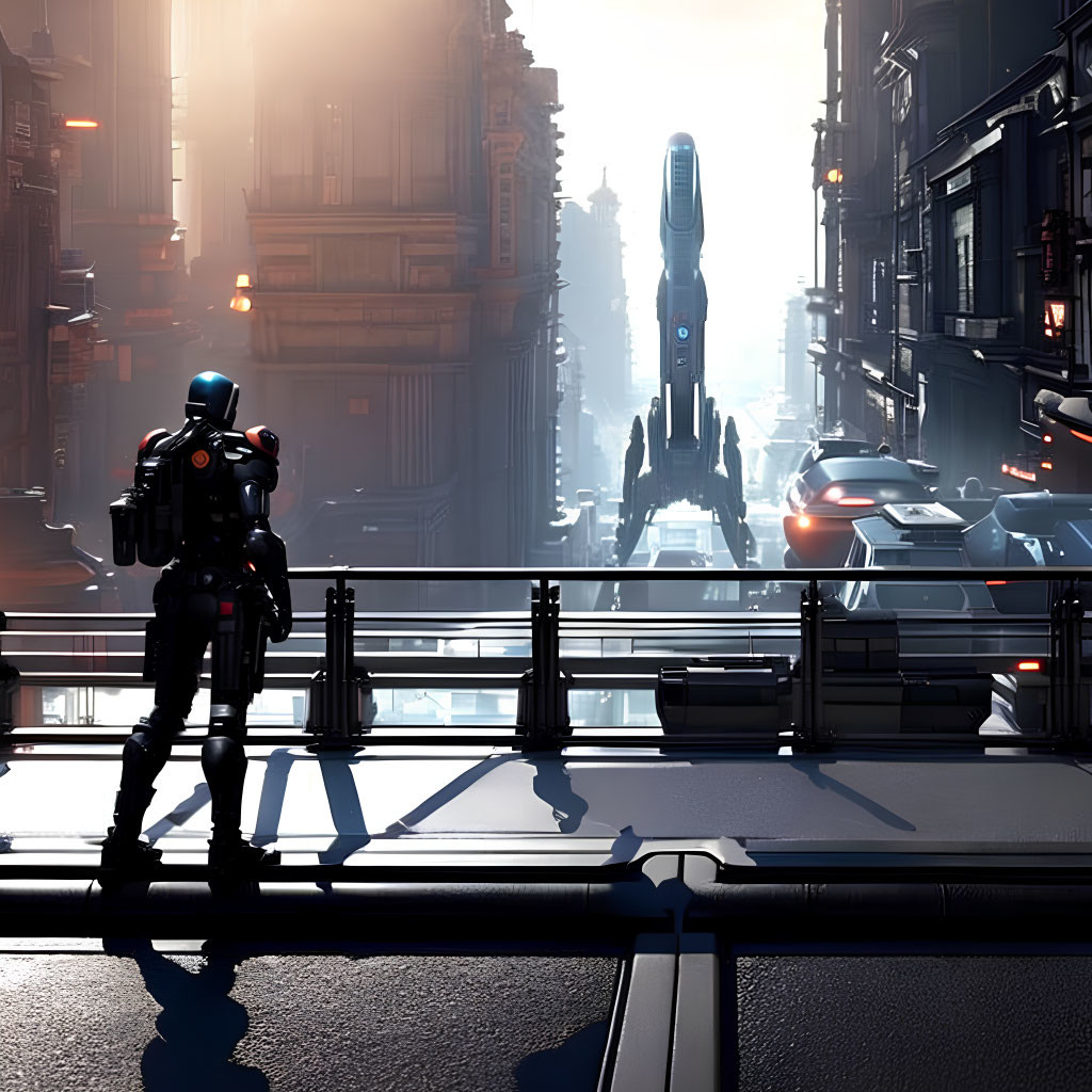 Futuristic armored figure on bridge overlooking bustling cityscape