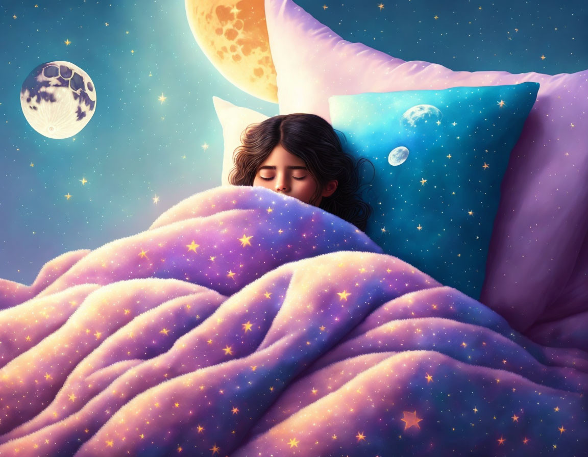 Girl sleeping under star-patterned blanket in dreamy space-themed bedroom