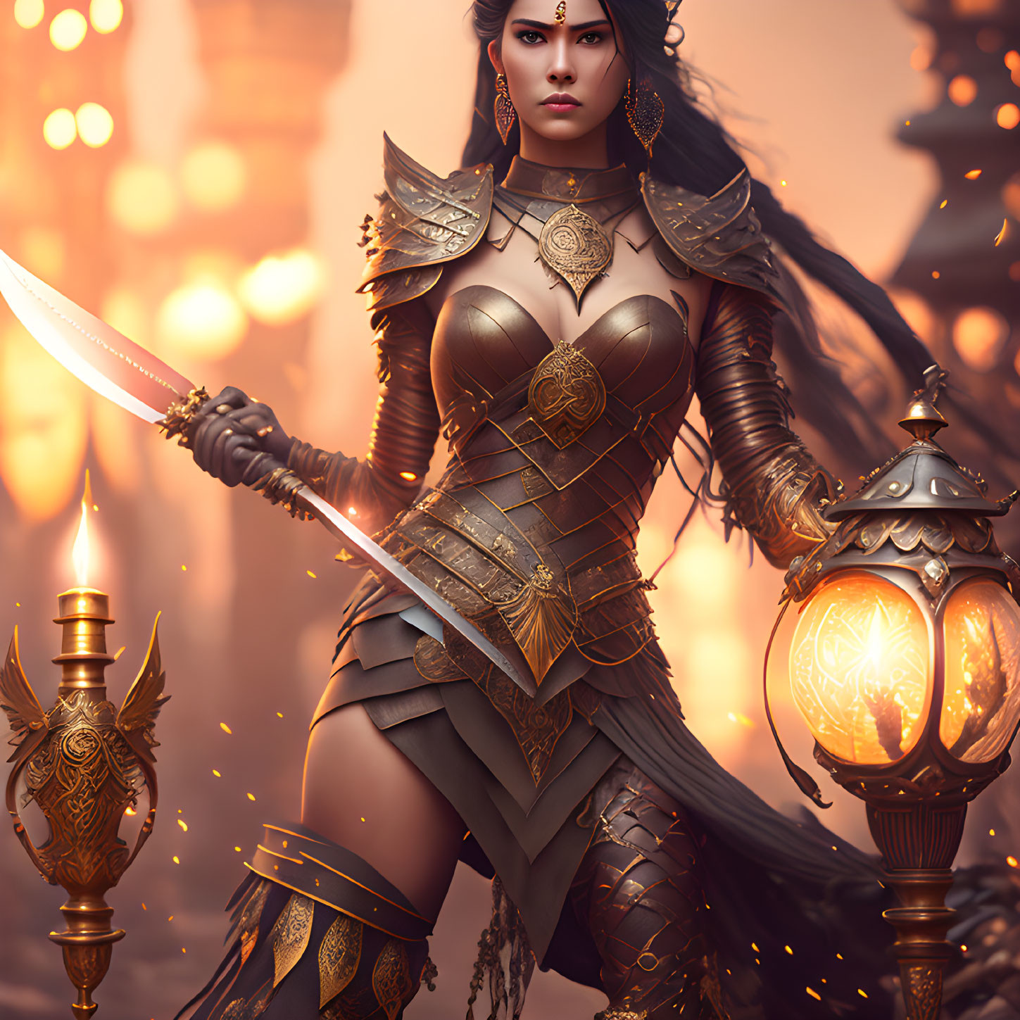 Warrior woman in ornate armor with sword among glowing lanterns