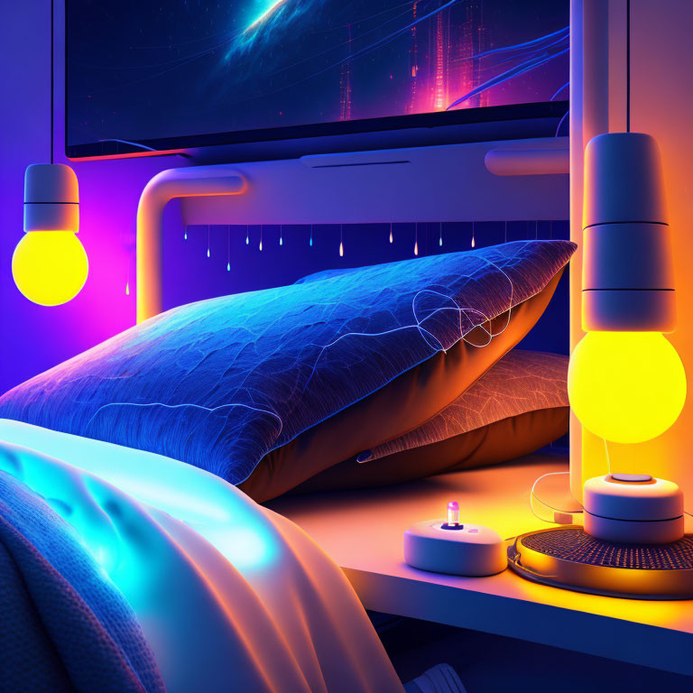 Modern bedroom at night with vibrant neon lighting and galaxy display