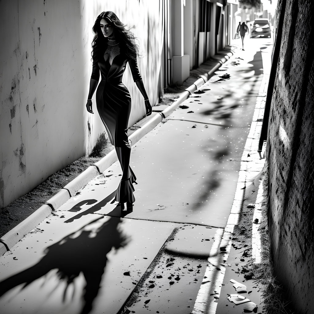 Stylish woman walking in urban alley with long shadow