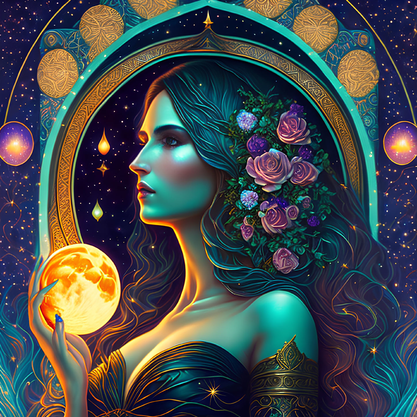 Mystical woman with moon, flowers, and stars on dark blue background