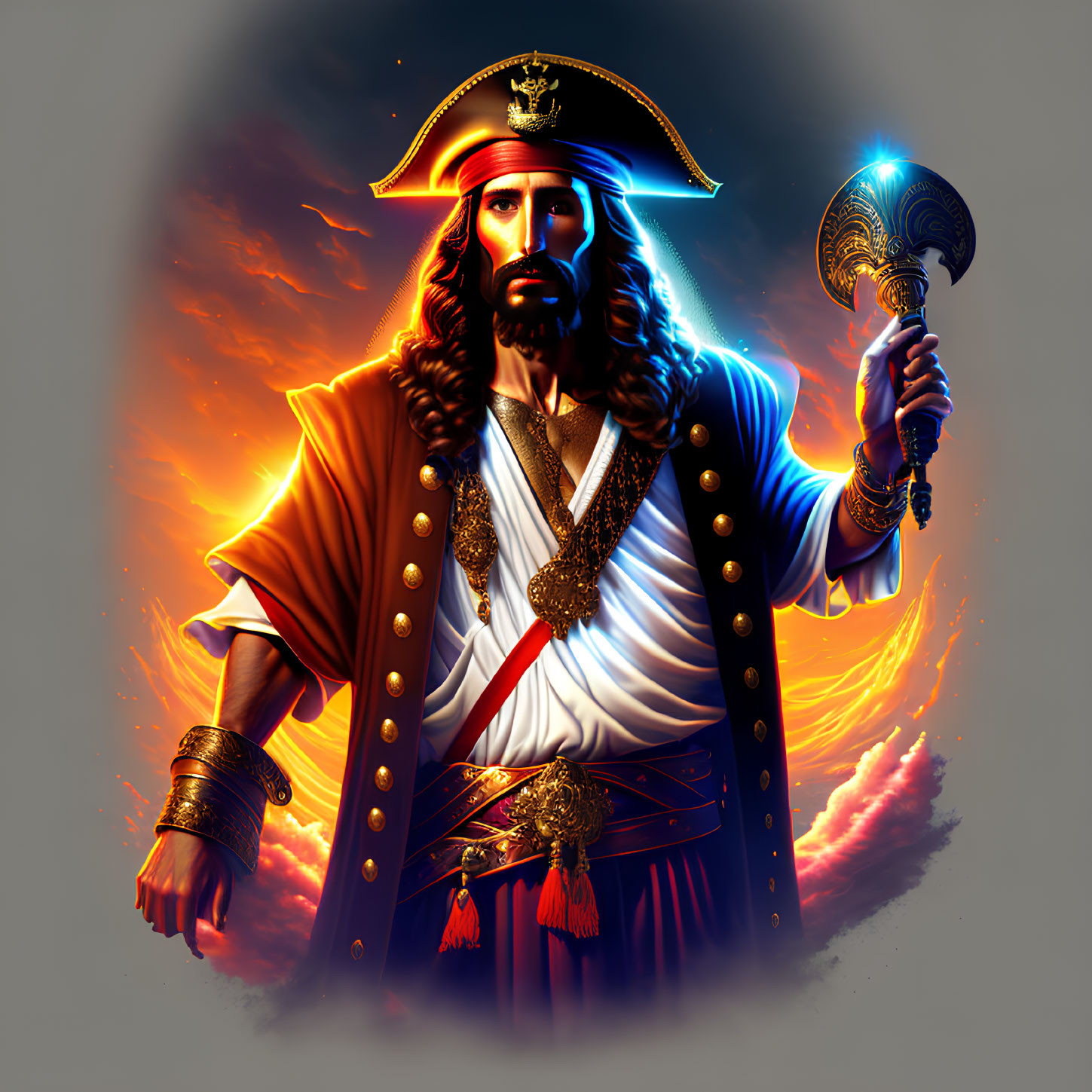 Illustrated figure resembling Jesus in pirate captain attire with scepter, fiery backdrop