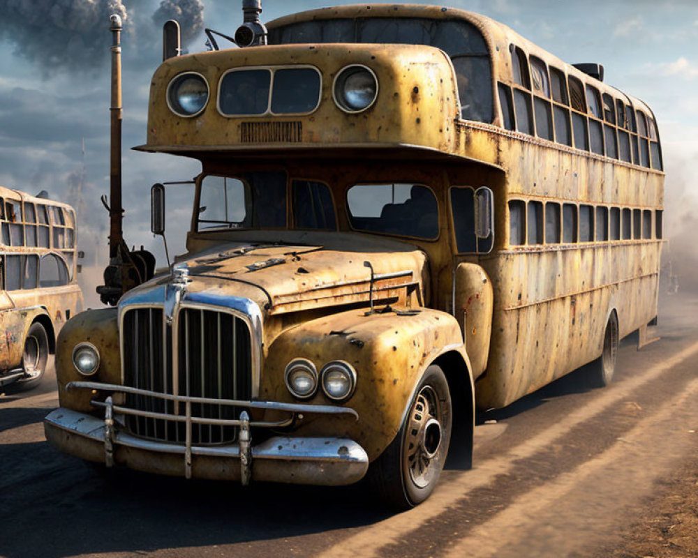 Vintage double-decker bus on dusty road with classic design and helicopter in background.