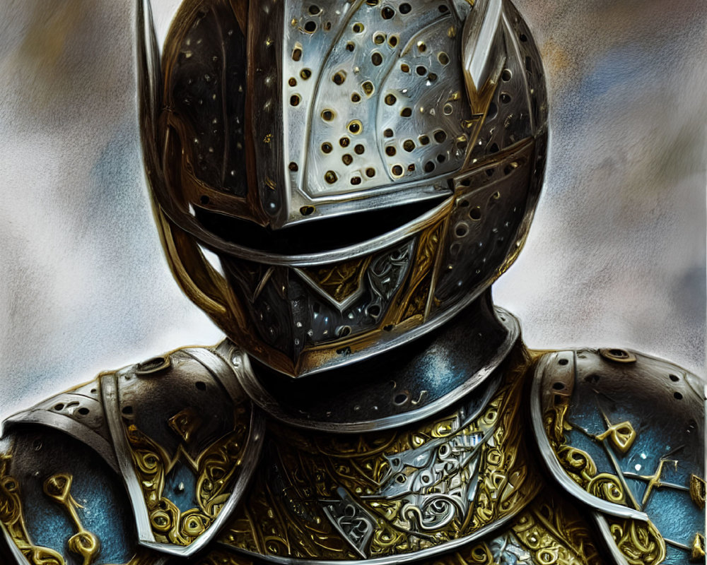 Medieval Knight in Ornate Armor with Visored Helmet