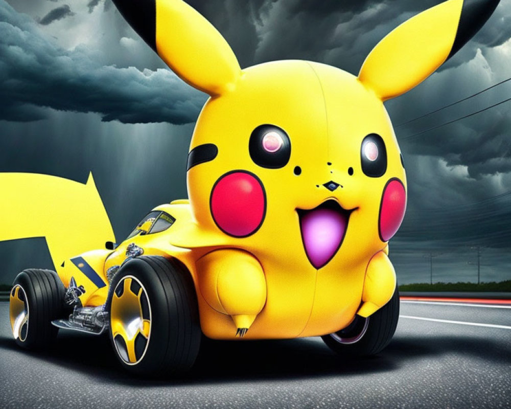 Stylized Pikachu-themed race car on road with stormy sky