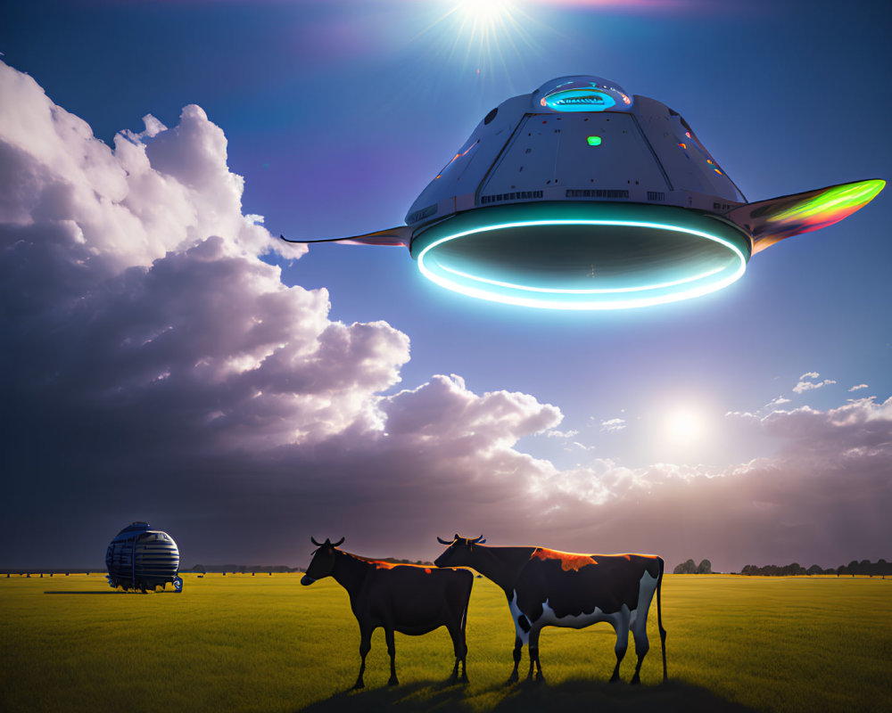 Unidentified Flying Object shines light on cows in field at sunset