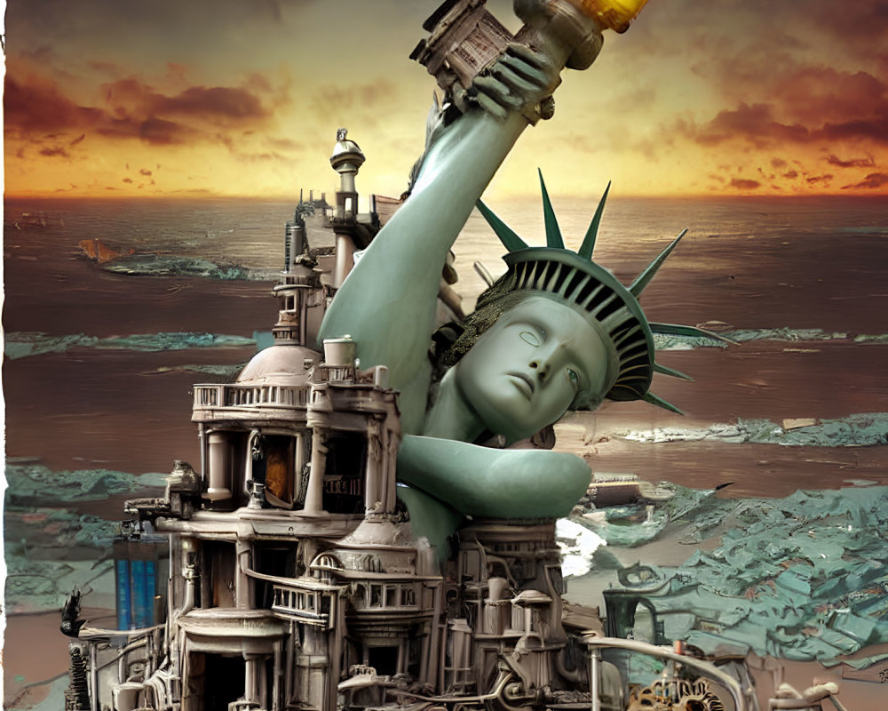 Surreal artwork: Statue of Liberty's head and arm in ruins and machinery at sunset.