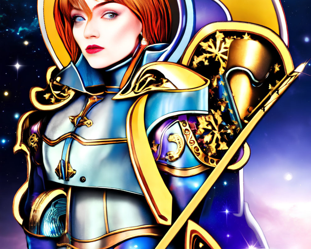 Illustration of woman in red hair, blue-gold armor with spear, cosmic star-filled background