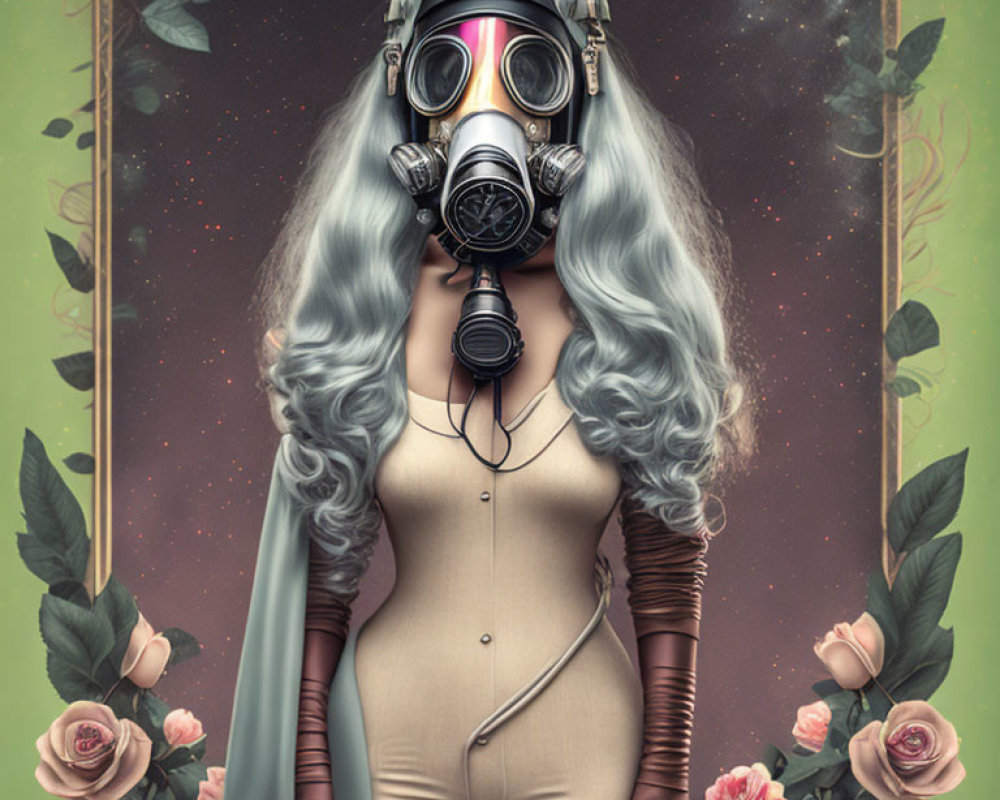 Person with Long Grey Hair in Gas Mask Surrounded by Roses on Celestial Background