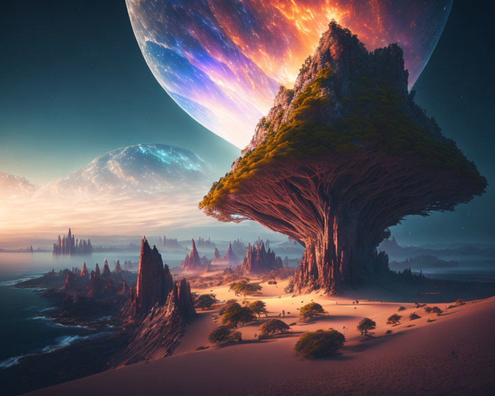 Colossal tree, towering rocks, dunes, planets in surreal landscape