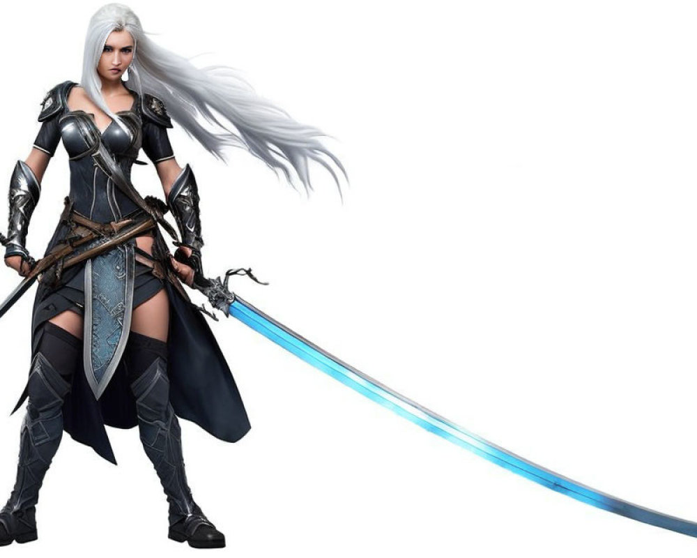 Female warrior digital illustration in black and silver armor with blue glowing sword