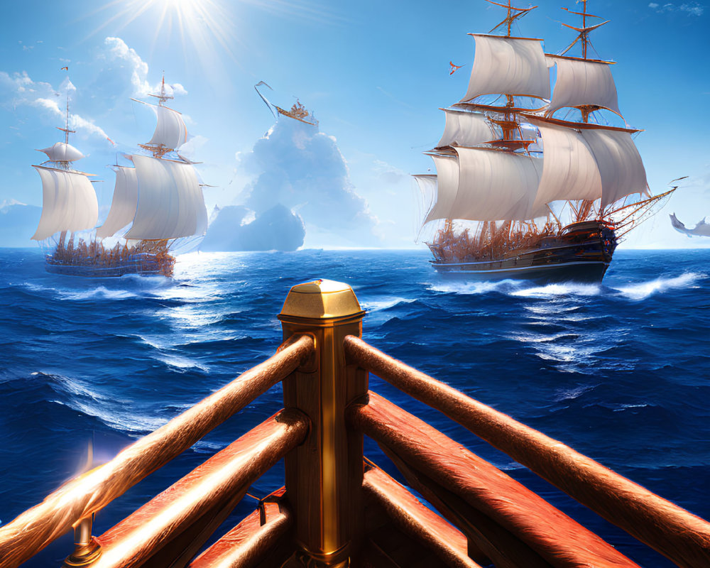 Sunny ocean view: tall ships with billowing sails and rock formations